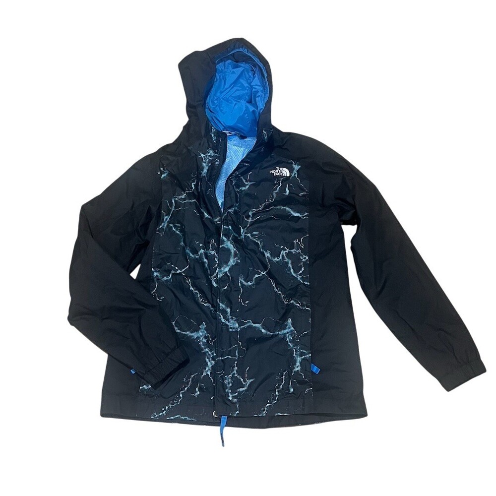 The North Face Boys Rain Jacket Size L Black Blue Lightning Print Hooded